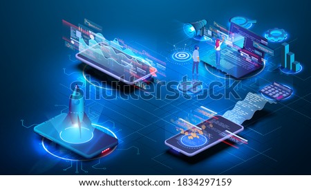 Different situations, people interact with charts, with a mobile phone and a computer, launch a startup. Data Analysis, Strategy, Investment and Accounting, mobile banking. Data visualization concept