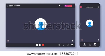 Video call interface. Web chat UI screen mockup. Call screen template. Mockup UX,Kit interface. Application for calls and online conference meeting. Communication windows for mobile app and desktop