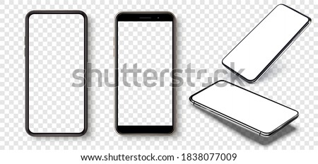Smartphone frame less blank screen, rotated position. Smartphone from different angles. Mockup generic device. UI/UX smartphones set. Template for infographics or presentation 3D realistic phones.