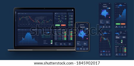 Trading candlestick chart on electronic devices vector illustration. Stock exchange market graph, analysis UI, UX on smartphone, desktop and tablet. Forex market. Binary option. App screen for trading