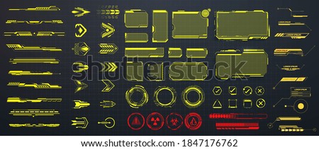 Large set of frames, circles and arrows in a futuristic style. Set of Sci Fi Modern User Interface Elements. Callouts titles and screen futuristic frame in HUD style. Vector illustration HUD, GUI, UI