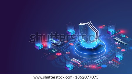 Network data security isometric. Online server protection system concept with data center or blockchain. Data secure. Web crime or virus attack. Symbol of protection. Hacking concept. Vector