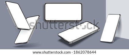 Mobile phones mock up in different angles isolated, 3d perspective view cellular mockup with white empty screen isolated. Device UI, UX mockup for presentation template. Vector illustration