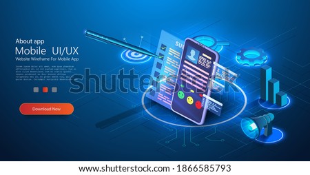 Test customer Survey form. Stylus pen put mark on digital document checklist at tablet screen. Mobile phone with a survey sheet on a blue background Isometric landing page template. Vector Stockfoto © 