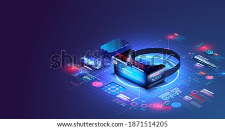 Virtual or augmented reality concept in isometric vector illustration. VR, AR glasses connection to network. Can be used as website poster or landing page design. 3D VR glasses on blue grid. UI, UX