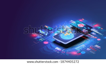 Online money transfer. Financial analytics, digital financial services. Sending and receiving money wirelessly, bank payment application landing page. Secure card payment. Vector illustration