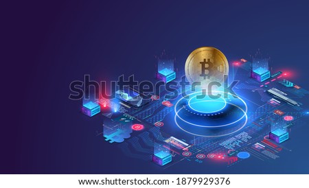 Digital currency or cryptocurrency mining farm. Creation of bitcoins. Crypto mining, blockchain concept. Crypto currency market landing page. Hologram of a Bitcoin coin on a blue futuristic background