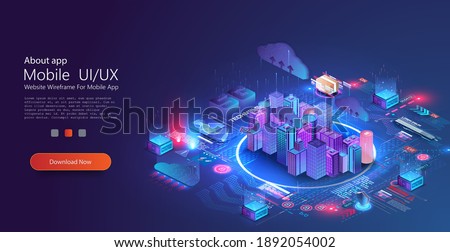 Futuristic infrastructure of a smart night city. Residential urban buildings for isometric innovation. City infrastructure, data traffic,ensure safety. Smart city with digital communication technology