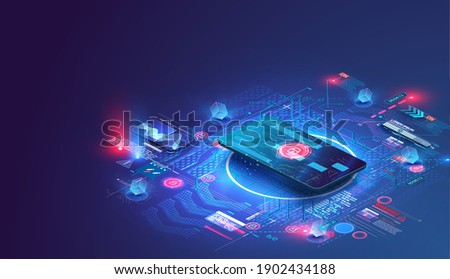 The credit card is isometric. The concept of the protective functions of the map. Can use for web banner. Secure payment, payment protection concepts. Credit card with lock. Vector illustration