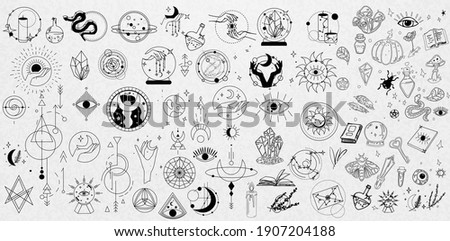 Collection of Mystical and Astrology objects. Mystical signs, silhouettes, zodiac signs. Astrological and magical elements are isolated on a white background. Astronomy. Line art illustrations