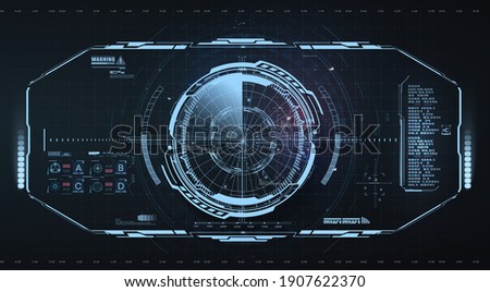 Abstract virtual graphic touch user interface.  Sky-fi helmet with futuristic Interface. Military radar screen dashboard. Interactive target capture system. VR view. Head up display, cockpit center.