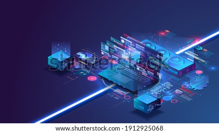 Isometric supercomputer server room. Big data processing.  A quantum computer is a device that performs quantum computing. Large calculations on a supercomputer, a laptop with additional stations.