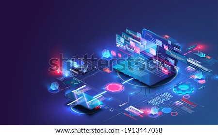 Application of Smartphone with business graph and analytics data on isometric mobile phone. Analysis trends and software development coding process concept. Programming, testing cross platform code