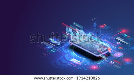 Application of smartphone with business graph and analytics data on isometric laptop . Analysis trends and financial strategy by using infographic chart. Online statistics and data Analytics.