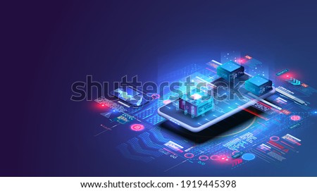 Accounting, big data, blockchain technology isometric, mobile phone data visualization. Digital blocks or cubes constructs database. Blockchain fintech technology and mining cryptocurrency. Vector