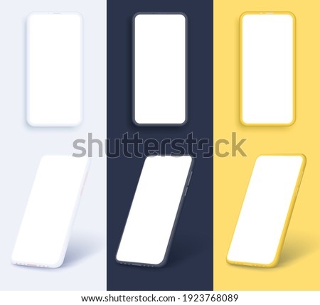 Smartphone frameless blank screen, rotated position. 3d isometric illustration cell phone. Smartphone perspective view. Minimalist modern clay mockup smartphones with colored background. Vector