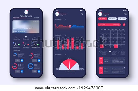 Online Banking Mobile Apps UI, UX, GUI. Analytic smartphone application with investment and stock, financial statistics. Mobile banking interface vector template. Statistics graphs and finance charts