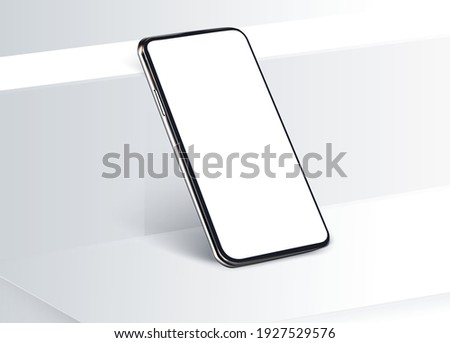 White cubic boxes with a mobile phone on wall background for displaying or advertising the product. Realistic 3D mobile phone in rotated position, frameless blank mobile phone modern device template