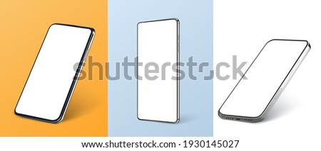 Smartphone frame less blank screen, rotated position. 3d isometric illustration cell phone. Smartphone perspective view. Template for infographics or presentation UI, UX