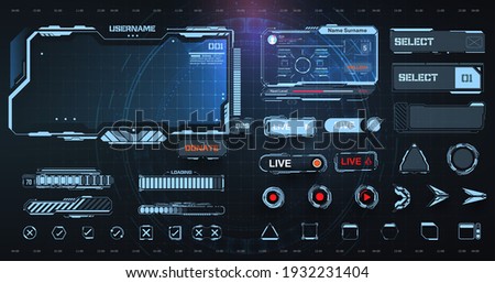 Digital frame technology UI,UX Futuristic HUD, FUI, Virtual Interface. A design template for a set of frames , buttons, and overlay cursors for game streaming.  Futuristic info boxes layout templates.