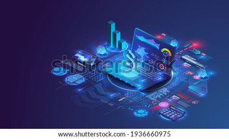 Concept of financial management,business strategies. Financial overview with notebook elements and infographics. Data analysis and investment. A flat isometric vector illustration on a blue background