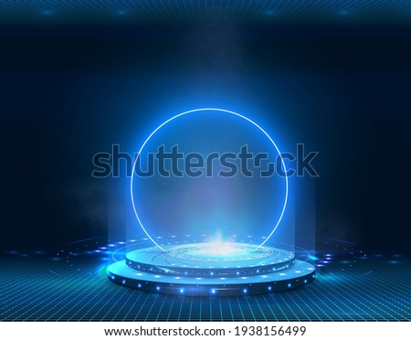 Portal and hologram futuristic Neon color circle elements. Standard podium or studio futuristic pedestal round platform showroom. Magic circle teleport stand. Cyberpunk style Technology demonstration