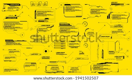 Futuristic footnotes, pointers, isolated on a yellow background. Callouts titles and frame in Sci- Fi style. Bar labels, info call box bars. Futuristic info boxes layout templates.