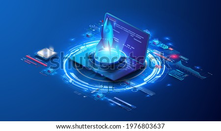 Rockets with infographic elements blue rays for the design business startup landing page. Engineering idea concept. Electronic devices development. Rocket taking off over neon glowing circle on laptop