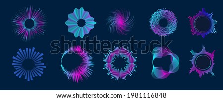 Radial sound wave curve with light particles. Circle audio waves. Neon round music soundwave for equalizer. Multicolor audio lines cliparts collection. Soundwaves, radio frequency. Vector illustration