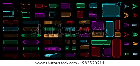 A set of sci-fi modern user interface elements button, frame, arrow, loading indicator in modern cyberpunk colors. Futuristic abstract HUD, FUI, GUI. It is well suited for the game interface. Vector