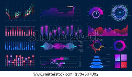 Admin dashboard charts. Infographic web page, data graphic UI,UX, KIT screen cards and statistic chart diagrams. Futuristic neon ui infographics digital illustration on tech panel hud diagram. Vector