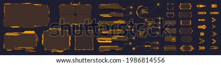 Set of Sci Fi Modern  GUI, HUD, UI futuristic elements. Callouts, buttons,frame,  futuristic bar labels, information call box bars, arrows. Navigation elements for game. Vector illustration