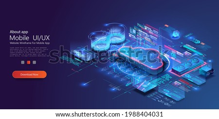 Isometric modern web cloud technology and networking concept. Digital service, app with data transfering. Computing technology. Devices connected to digital storage in data center via internet. DevOps