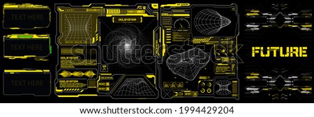Abstract digital technology UI, UX Futuristic HUD, FUI, Virtual Interface. Callouts titles and frame in Sci- Fi style. Bar labels, info call box bars. Futuristic info boxes layout templates. Hologram