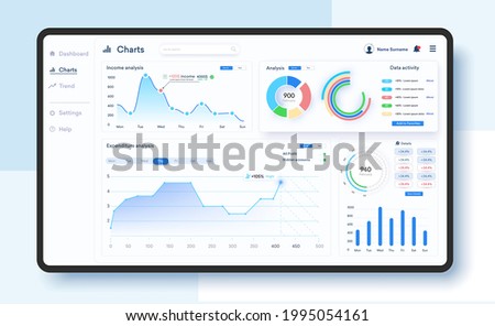 Dashboard UI, UX, KIT, great design for any site purposes. Business infographic template. Vector flat illustration. Big data concept User admin panel template design. Analytics admin dashboard.