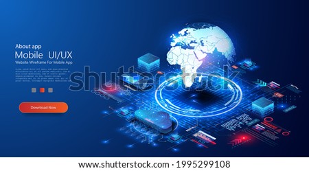 World wide web via wireless satellite network technology. Big data, cloud storage, global data technology, and the concept of remote access on a blue background. Digital Business Analysis. Vector