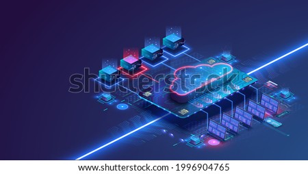 Data center isometric concept. Server room with hardware racks or web hosting infrastructure. Blue web banner. Concept of big data storage and cloud computing technology. 3d Vector illustration