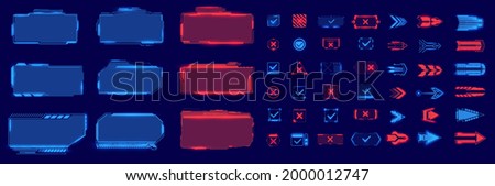 A large futuristic set of frames, arrows, footnotes, buttons in blue and red on an isolated background. The elements are well suited for games and applications. Sci-fi futuristic hud technology screen