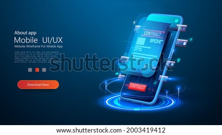 Isometric digital signature concept with phone and pen. Mobile document manager or e-signature business concept vector isometric illustration. Blockchain or Smart Contract landing page design.