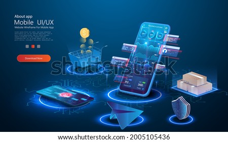 A financial set isometric elements. Mobile payments. Cryptocurrency exchange market. Financial analytics, airplane, stock trading, shopping cart, bank card, coins, boxes. Isometric vector illustration