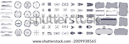 A large set of futuristic elements buttons, shelves, frames, pointers for movies or games. High tech hud (fui) interface elements vector set. Modern windows with buttons. Vector isolated illustration