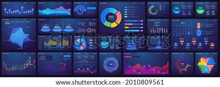 Dashboard infographic template with flat design charts, diagrams, bars steps, infographics, options, parts processes. UI, UX, collection. Blue Interface screen with infographic digital illustration