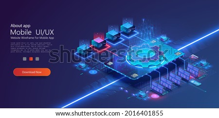 Digital Big data technology. Synchronizing personal information. Database neon storage, data encryption and protection. Information storage and analysis system. Vector stock illustration