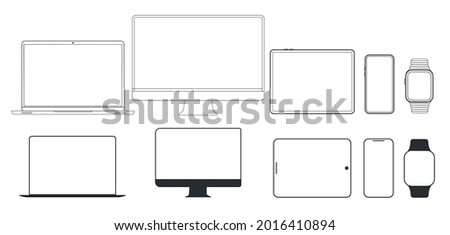 Outline line drawing modern smartphone. Set of devices icons. Computer, laptop, tablet, watch and smartphone. Elegant thin stroke line style design. Vector illustration icon.