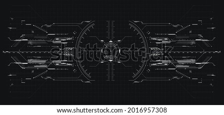 HUD, GUI, FUI Modern Aiming System with Device tilt level. Futuristic Head-up display design. Spaceship, drone, helmet, crosshair, aim. Techno target screen element. VR design for video games. Vector