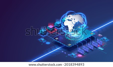 Modern Global network concept with hardware computer server data center and hologram globe. World internet connection or online communication. Data collection and storage, information processing. 