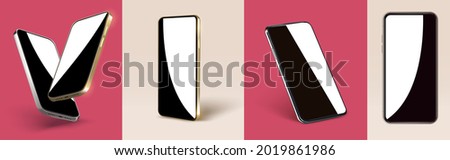 Realistic layout of a golden smartphone, a flying 3d scene of a mobile device with a blank screen. The mirrored glass of the mobile phone is displayed. A template for a product presentation. Vector