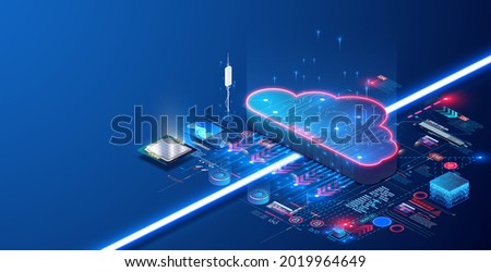 Cloud computing, big data. The concept of a data processing center, a cloud database, a server power plant of future. Digital information technologies. devices with online database. Stock illustration
