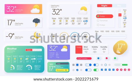 User elements for weather mobile app. Widgets, quick access adaptive interface. Temperature, atmospheric pressure, weather condition user interface generator. Unique neumorphic ui ux design kit.