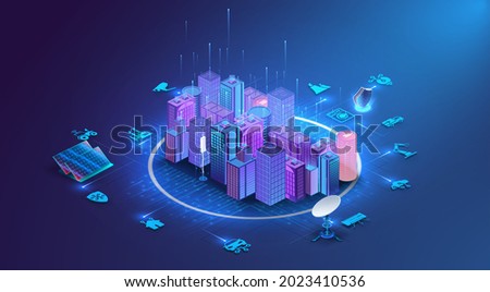 Isometric innovation  Smart city and connected to the light of the high-speed line, the concept of big data connection technology and a secure wireless connection. The concept of the future. Vector